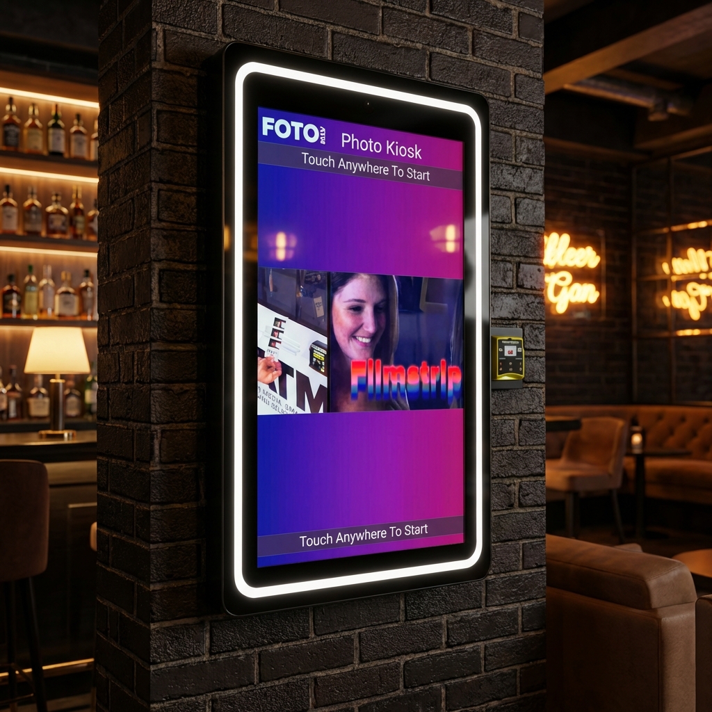 FotoATM Velo wall-mounted kiosk installed in a bar with FotoATM software running