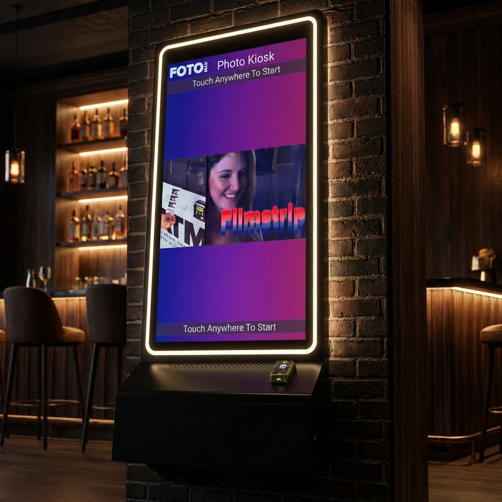 FotoATM Velo wall-mounted in a bar on brick wall with ambient lighting