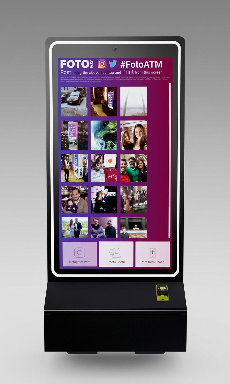 FotoATM Velo wall-mounted photo booth kiosk with FotoATM software