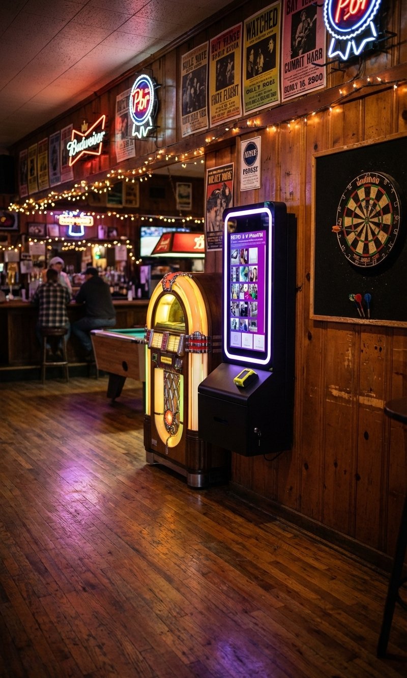 FotoATM Velo 27-inch kiosk in a dive bar