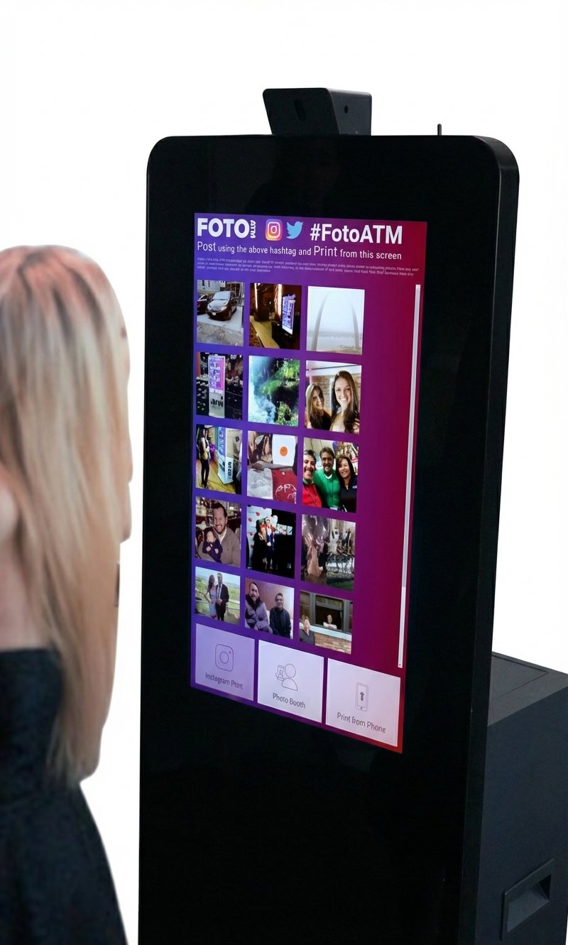 FotoATM Vero kiosk in-use view showing gallery screen with guest photos
